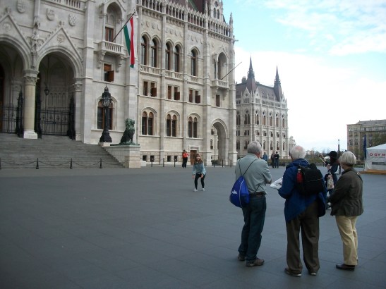 Adorable oldsters in Budapest watching a tourist jump for a photo. :) This was attempt #4.